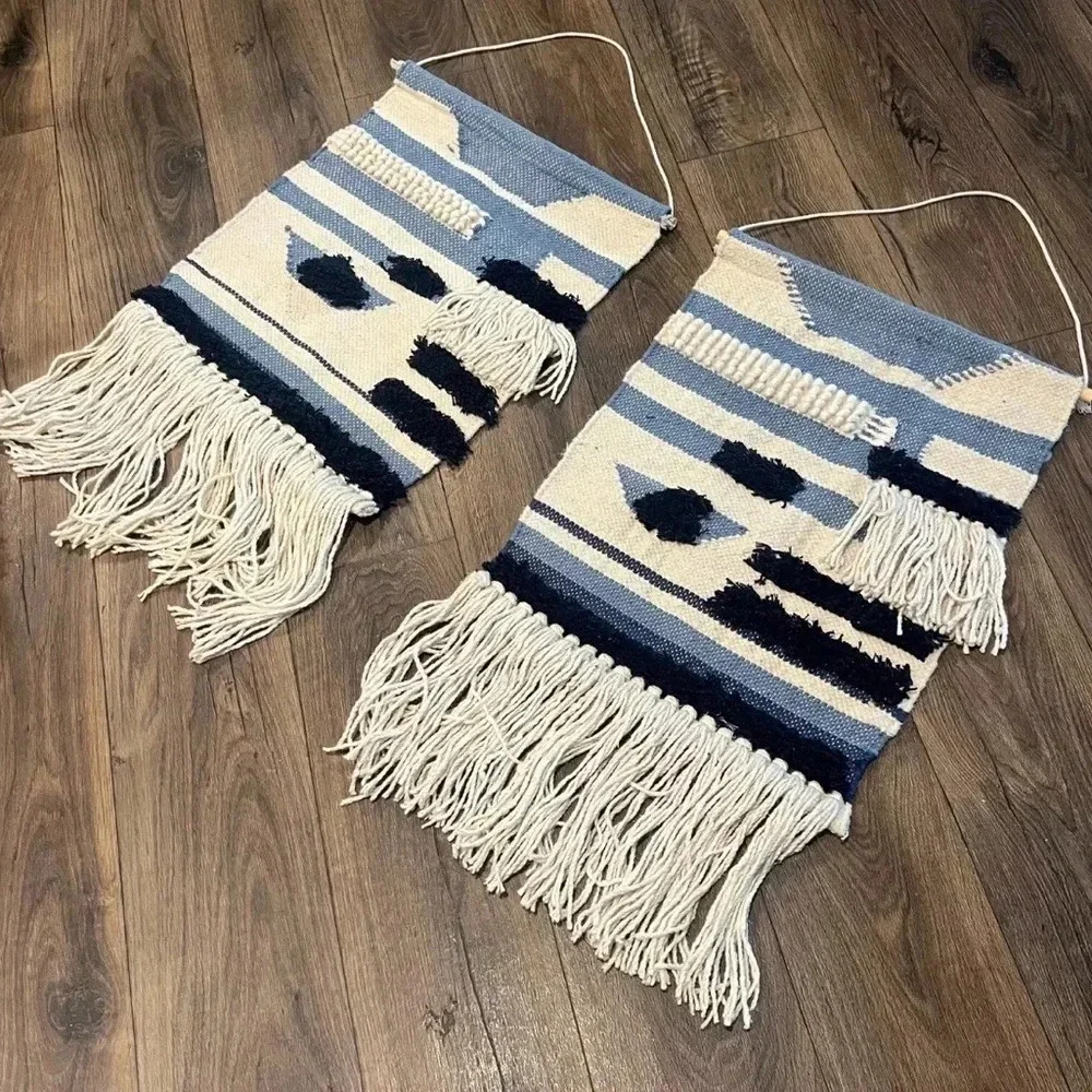 Handmade Woven Blue & Cream Wall Hanging Tapestries Complete With Fringe 32”x18”